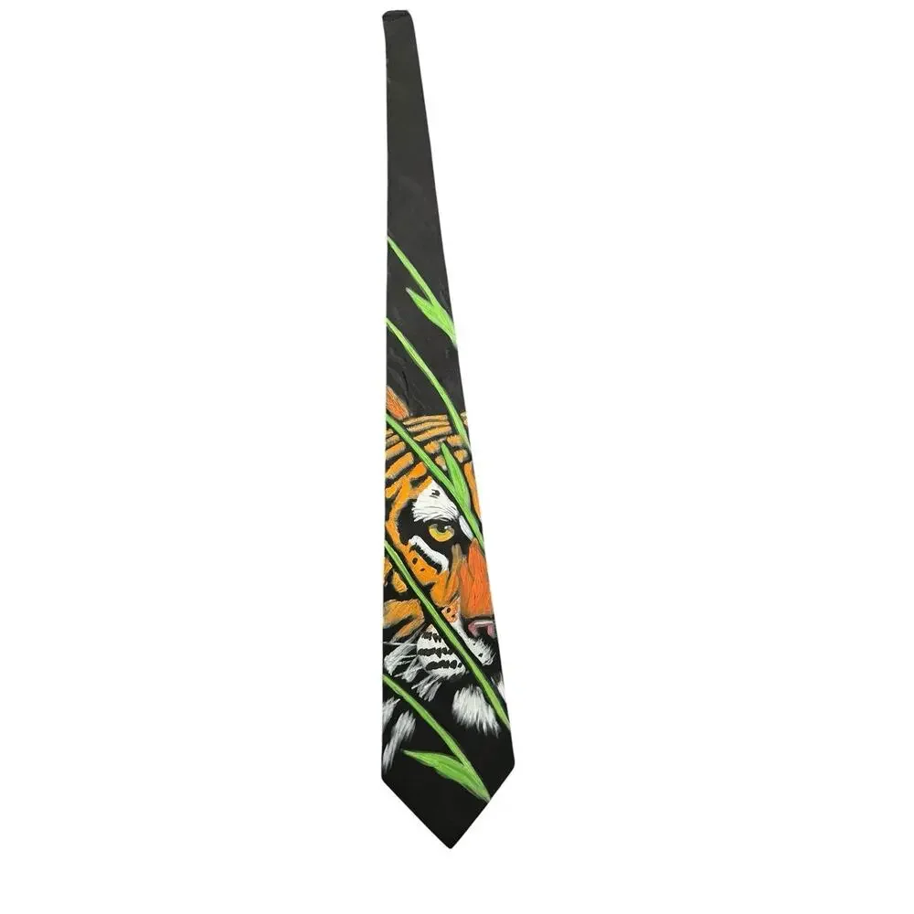 Vintage Hand Painted Bengal Tiger 100% Silk Novelty Necktie